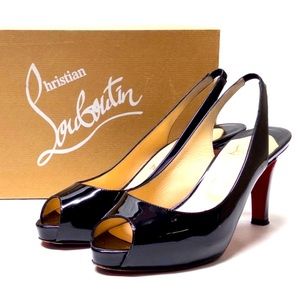 Christian Louboutin Black Patent Leather Peep Toe Slingback Pumps